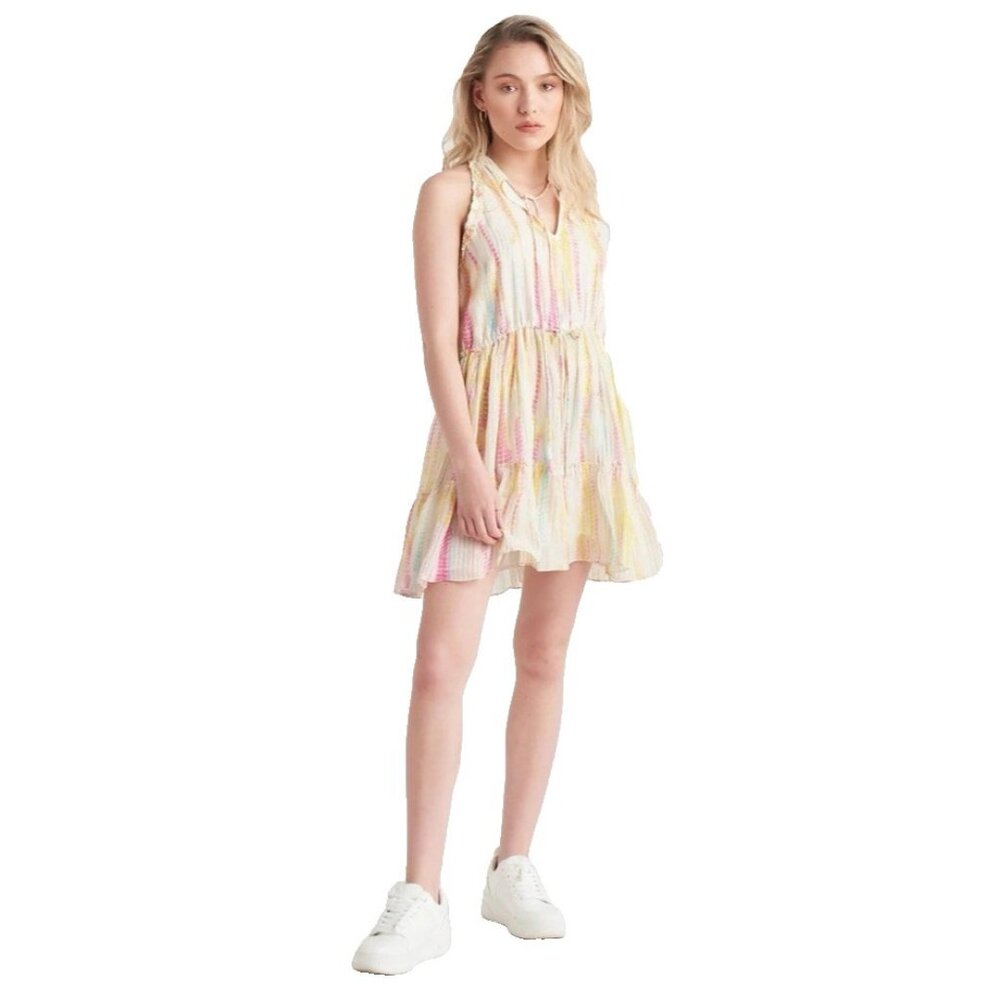 Dex Women's Dress M Sunshine Burst Sleeveless Ruffled Tiered Cotton Lined NEW